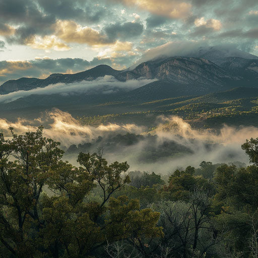 Sandia Mountains with mist in the valley