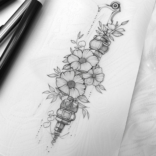 Elegant flat tattoo sketch of a piston intertwined with delicate floral patterns