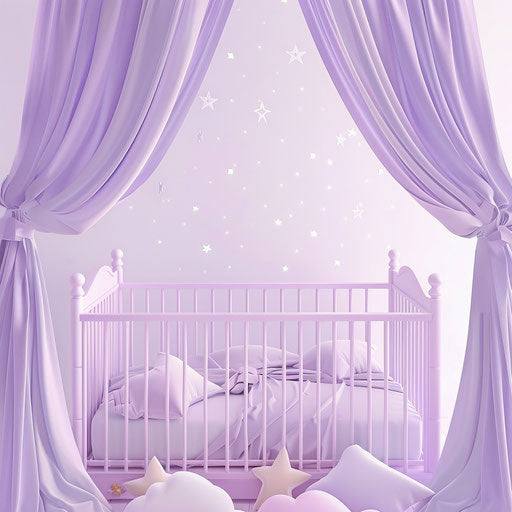 Realistic baby cot on lavender background with gloss