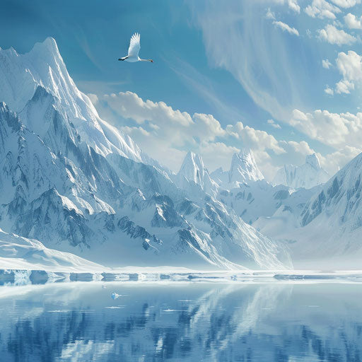 Solitary swan flying over a snowy mountain range