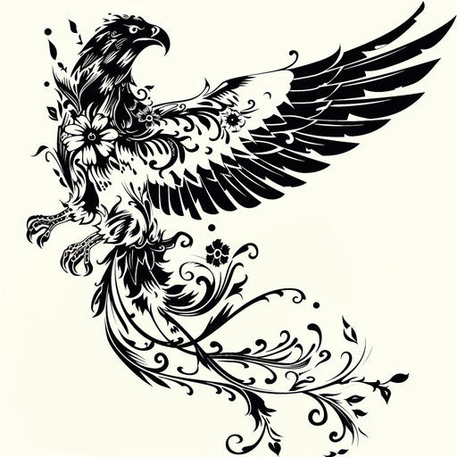 Art nouveau inspired eagle tattoo, elegant floral motifs and curving lines, on a white background
