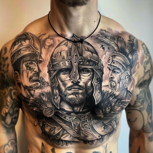 Men's chest tattoo with realistic warrior portraits