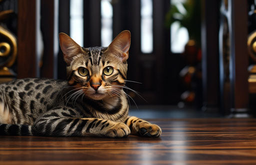 Bengal cat on wooden floor with exaggerated facial features, primitivist style, bold patterns, dark brown and gold, massurrealism 17:11