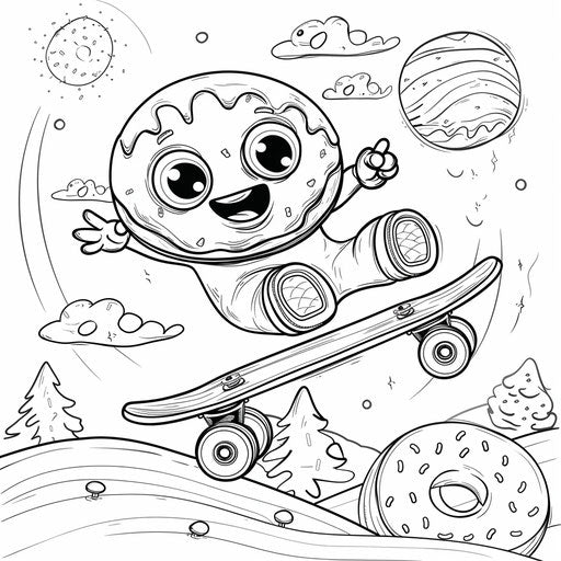 A cute donut character riding a skateboard in a fun scene