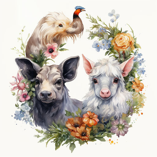 Watercolor painting of four farm animals with floral wreath