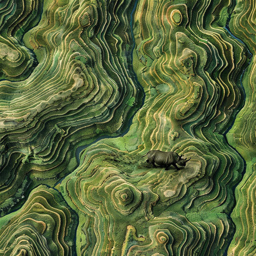 West African black rhinoceros navigating a patterned grassy landscape from above