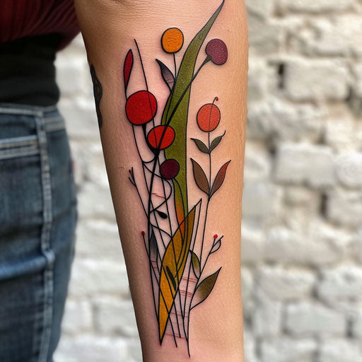 Abstract wildflower tattoo, bold shapes, vibrant colors, artistic flair