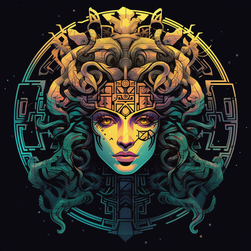 Black goddess medusa face, pagan lady head, geometric circle