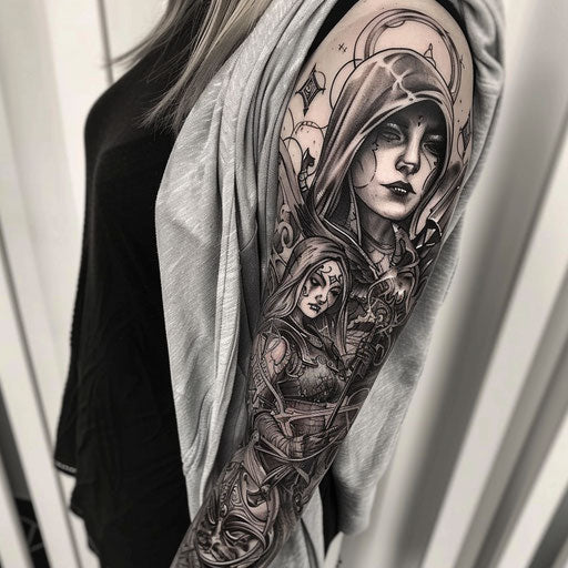 Epic fantasy sleeve tattoos for women with wizards and mystical symbols