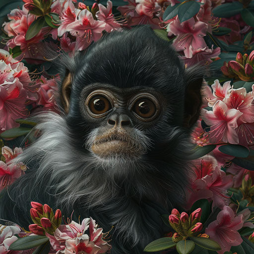 Close-up of Yunnan snub-nosed monkey in blooming rhododendrons
