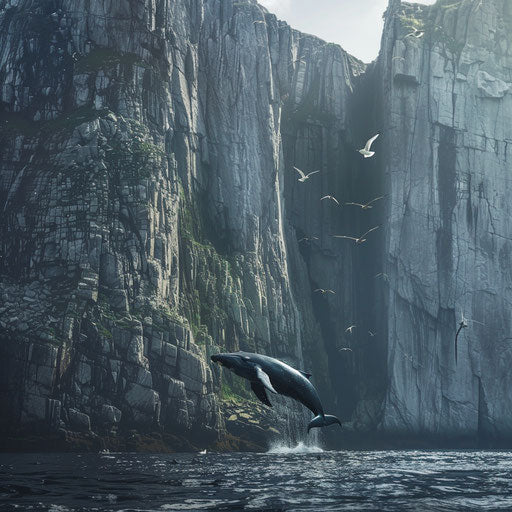 Blue whale leaping in front of cliff in Norway