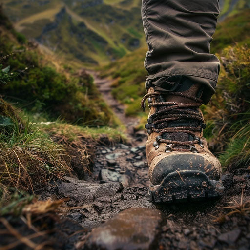 Hiker's boots on a rugged trail