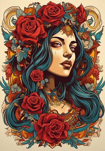 Old western tattoo print of woman with flowers and roses