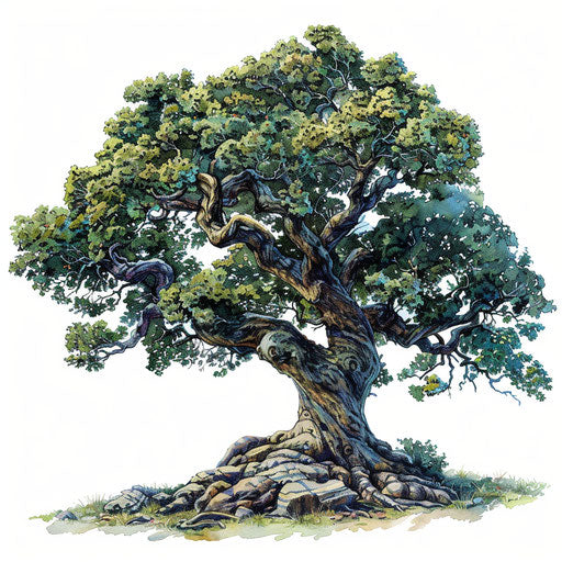 Realistic oak tree artwork on white background