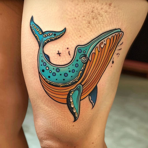 Playful tattoo sketch of a cartoon whale
