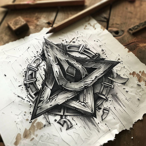 Rustic woodcut-style tattoo sketch of a Valknut surrounded by Norse runes