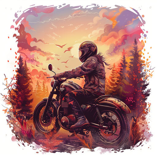 Clipart style tattoo sketch of biker with warm sunset and autumnal background