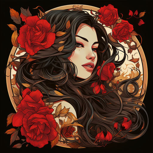 Portrait of a woman with long hair with roses and a flower print