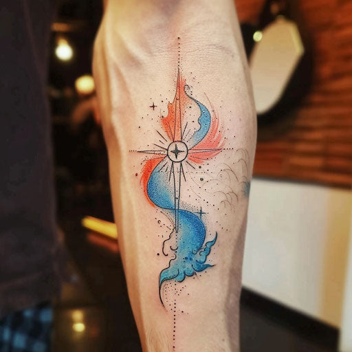 Red and blue North Star with abstract waves