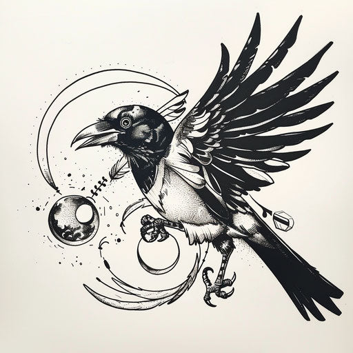 Bold and dark flat tattoo sketch with a magpie clutching a shiny object