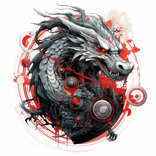 Black and red Chinese dragon drawing, solarpunk style