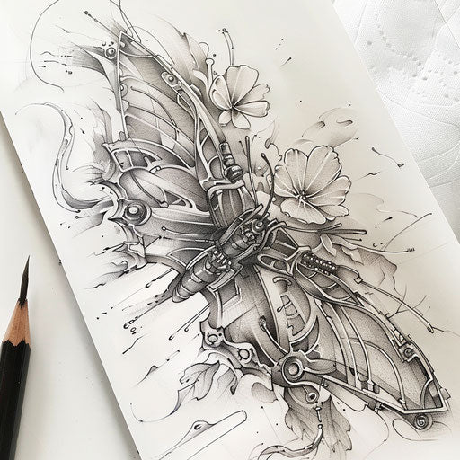 Biomechanical butterfly merging with futuristic flowers, unique tattoo design, on a white backdrop.