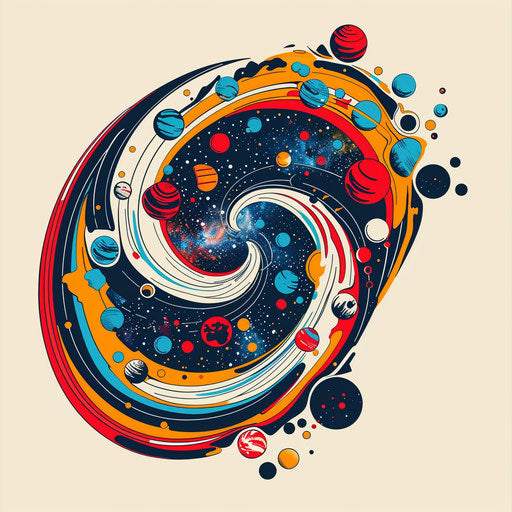 Colorful spiral of planets in playful flat tattoo style