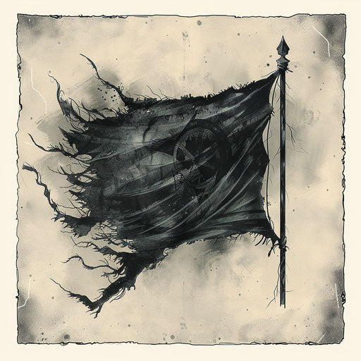Elegant flat tattoo sketch with watercolor effects on a tattered black flag