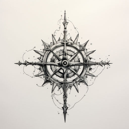 Sword, pentagon, circle, circle, minimalist pen drawings style, medieval, frostpunk, 16th century, dau-al-set, tattoo, maquette