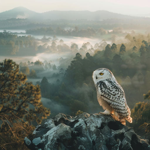 White owl perched on rocky outcrop, panoramic view misty forest valley at sunrise