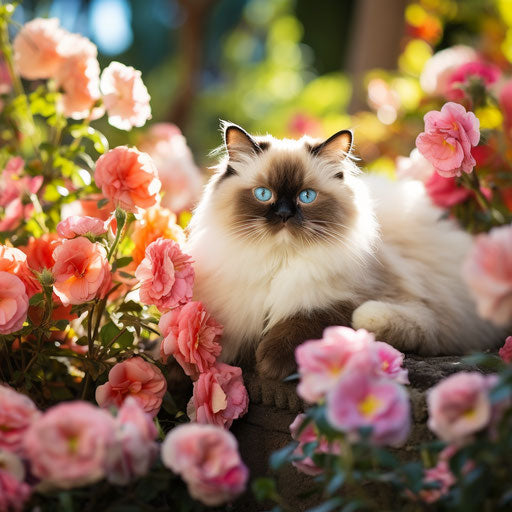 Himalayan cat in a flower bed with beautiful flowers