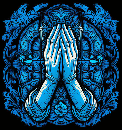 Blue prayer hands with cross background
