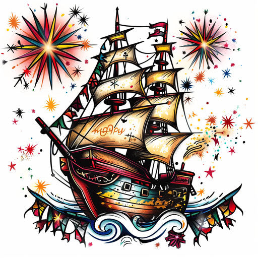 Festive sketch of a pirate ship with fireworks