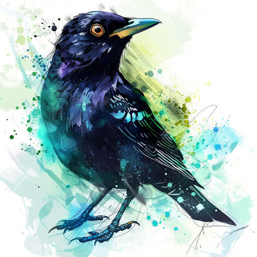 Flat tattoo sketch of a blackbird with blue and green splashes