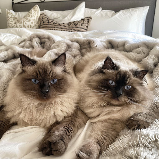 Pair of Himalayan cats lounging on a bed with a fluffy comforter
