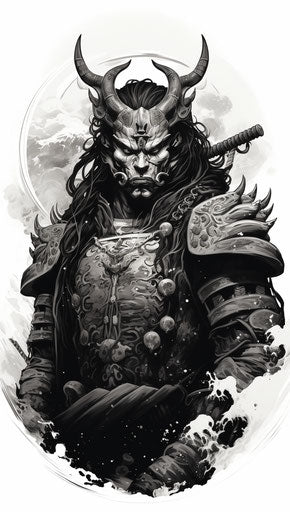 Black and white drawing of a samurai in traditional oceanic art style