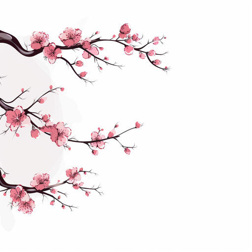 White branch with pink flowers on white background, flowing silhouettes