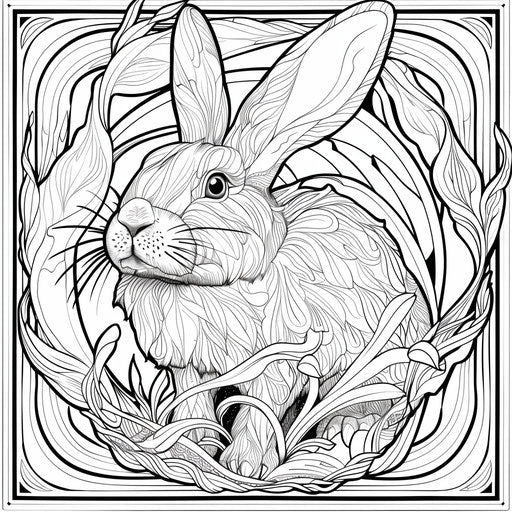 Art Nouveau bunny surrounded by decorative lines. Coloring page
