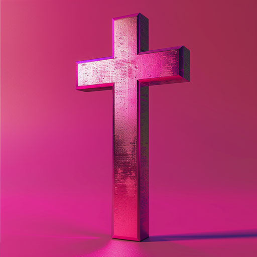 Realistic clip art cross on flat bright magenta background