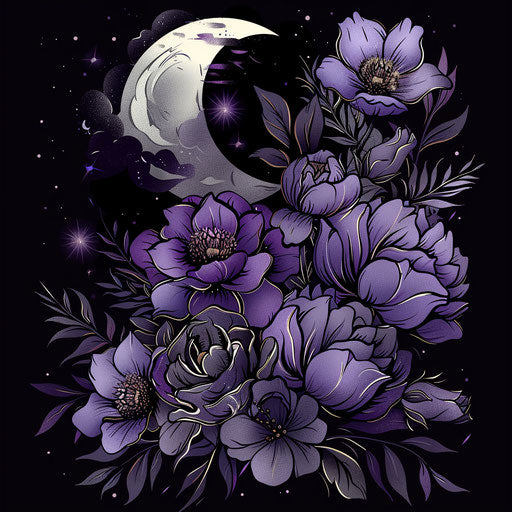 Moonlit floral bouquet with mysterious purples and silvery highlights