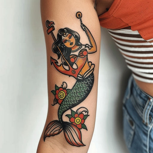 Arm tattoos for women in the style of Sailor Jerry featuring an anchor and mermaid