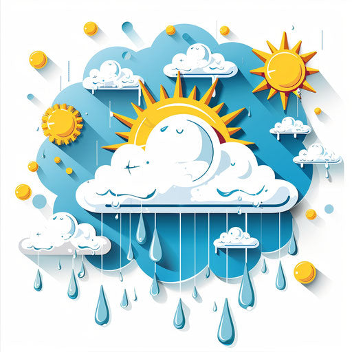 Weather news logo with stylized sun, clouds, rain
