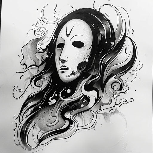 Energetic flat tattoo sketch of No-Face with dynamic, swirling spirits around him