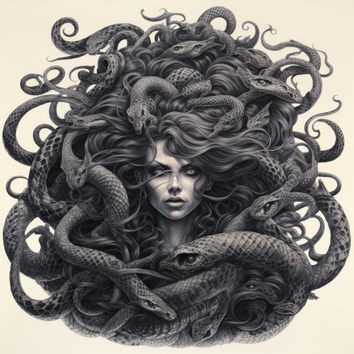 Medusa's mother woman drawing, monochrome style, cobra, tattoo, tapestries