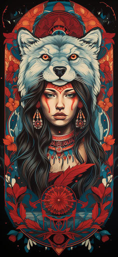 Indian tattoo poster, Lisa Parker style, red and blue, new fauves, animalistic, tondo 23:50