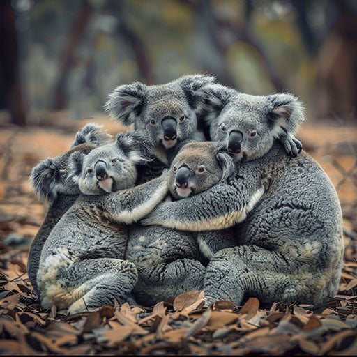 Group of koalas in a cozy huddle, social behavior in natural setting