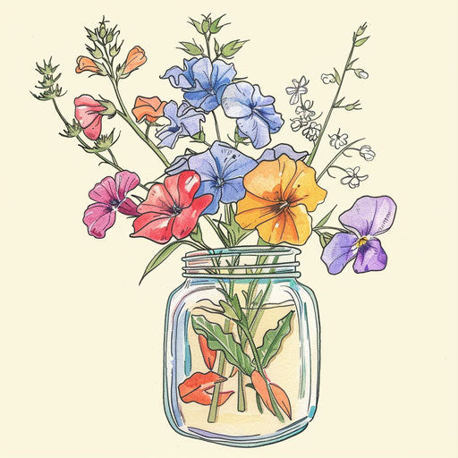 Flat tattoo sketch of a birth flower bouquet in a mason jar with sweet peas and morning glories