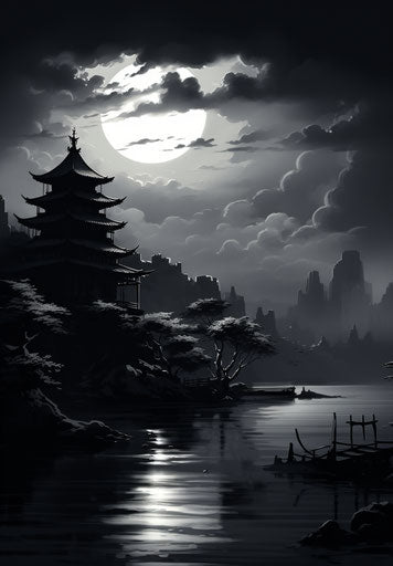 Oriental sky over temple, fan ho style, dark palette