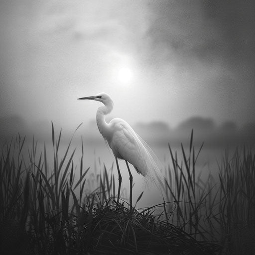 Heron in a poetic black and white wetland scene