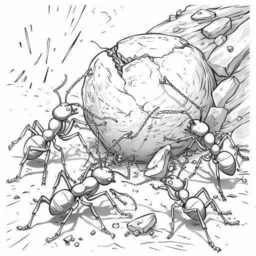 Ants working together to move object. Coloring page